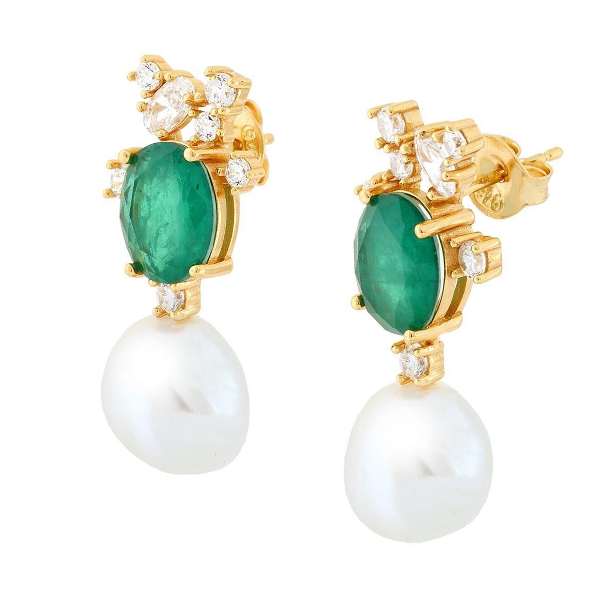Orecchini con Pietra Naturale Ovale Verde Smeraldo e Perla Scaramazza pendente in ARGENTO 925 Galvanica Oro