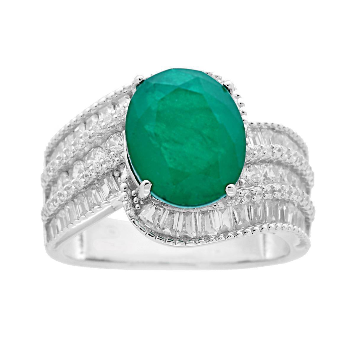 Anello Fascia con Pietra Naturale Verde Smeraldo e Cubic Zirconia Bianchi in ARGENTO 925 Galvanica Rodio