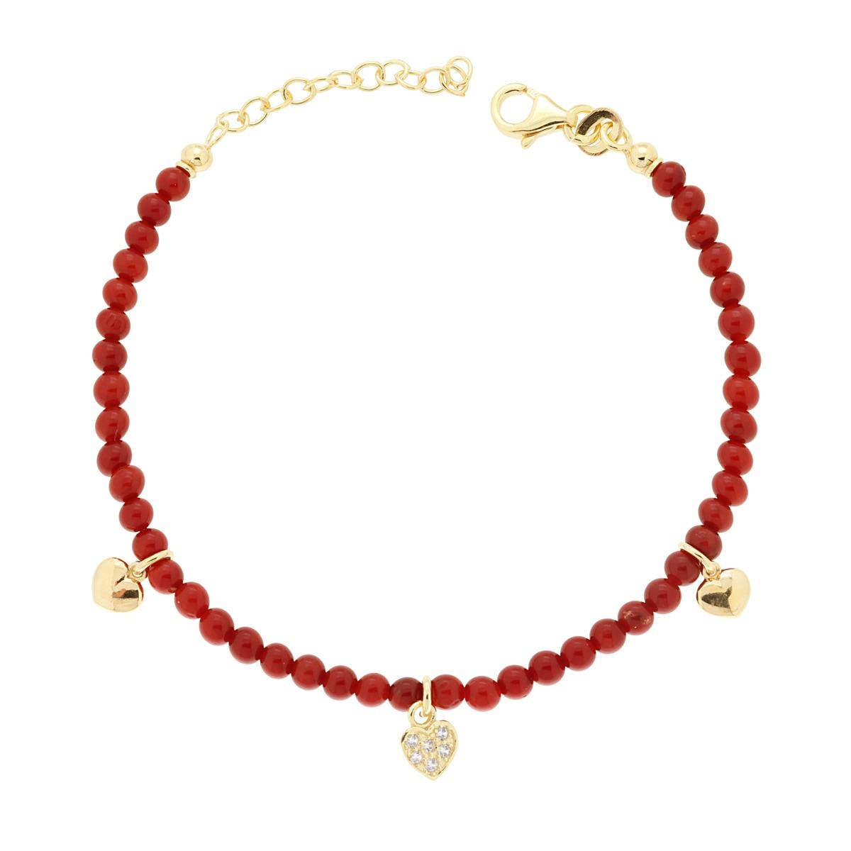 Bracciale Perline color Rosso Corallo con Cuori Bombati e Cuore con Cubic Zirconia Bianchi in ARGENTO 925 Galvanica Oro