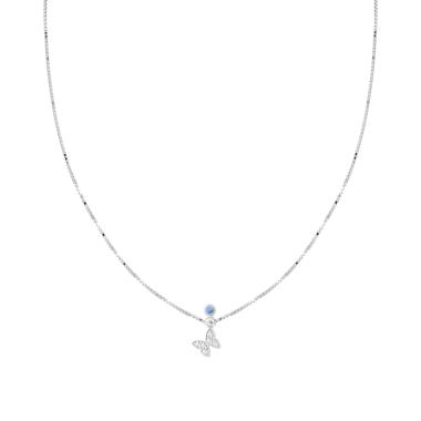 Collana Catena Veneziana Diamantata con Farfalla Cubic Zirconia Bianchi e Punto Luce Acquamarina in ARGENTO 925 Galvanica Rodio