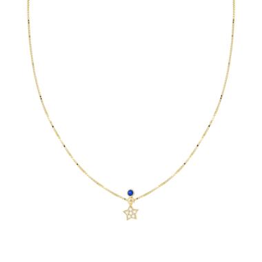 Collana Catena Veneziana Diamantata con Stella Cubic Zirconia Bianchi e Punto Luce Blu Zaffiro in ARGENTO 925 Galvanica Oro