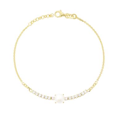 Bracciale Catena Forzatina Diamantata con Perla e Tennis Cubic Zirconia Bianchi in ARGENTO 925 Galvanica Oro