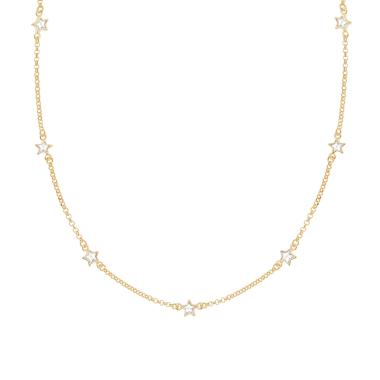 Collana Catena Rolo Diamantata con Stelle Cubic Zirconia Bianchi in ARGENTO 925 Galvanica Oro