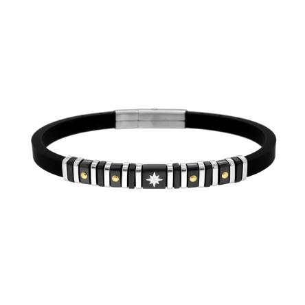 Bracciale in PVC Caucciu Nero con Rosa dei Venti Smalto Bianco Punti Oro e Accessori in ACCIAIO