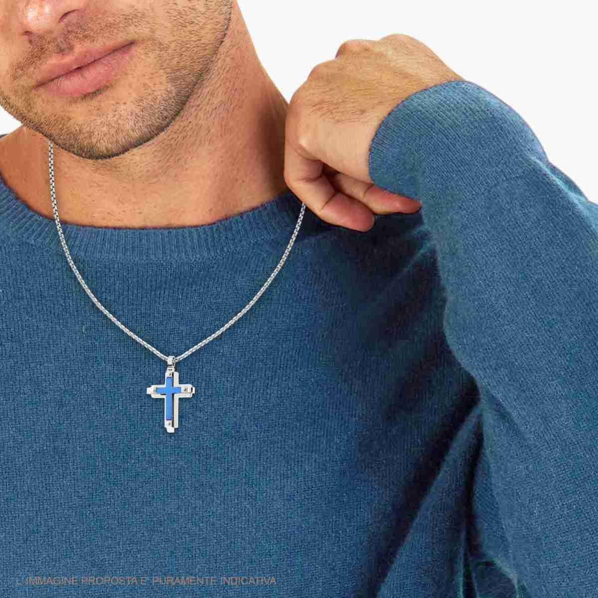 Collana Catena Veneziana Tonda con Croce Blu e ACCIAIO