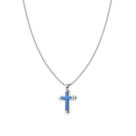 Collana Catena Veneziana Tonda con Croce Blu e ACCIAIO