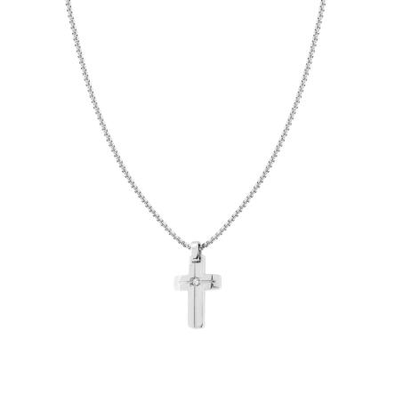 Collana Catena Veneziana Tonda con Croce e Crystal Bianco in ACCIAIO