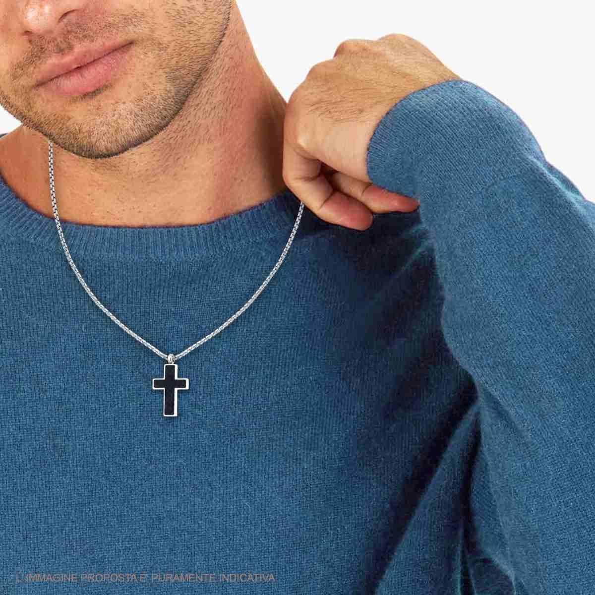 Collana Catena Veneziana Tonda con Croce effetto Fibra di Carbonio in ACCIAIO