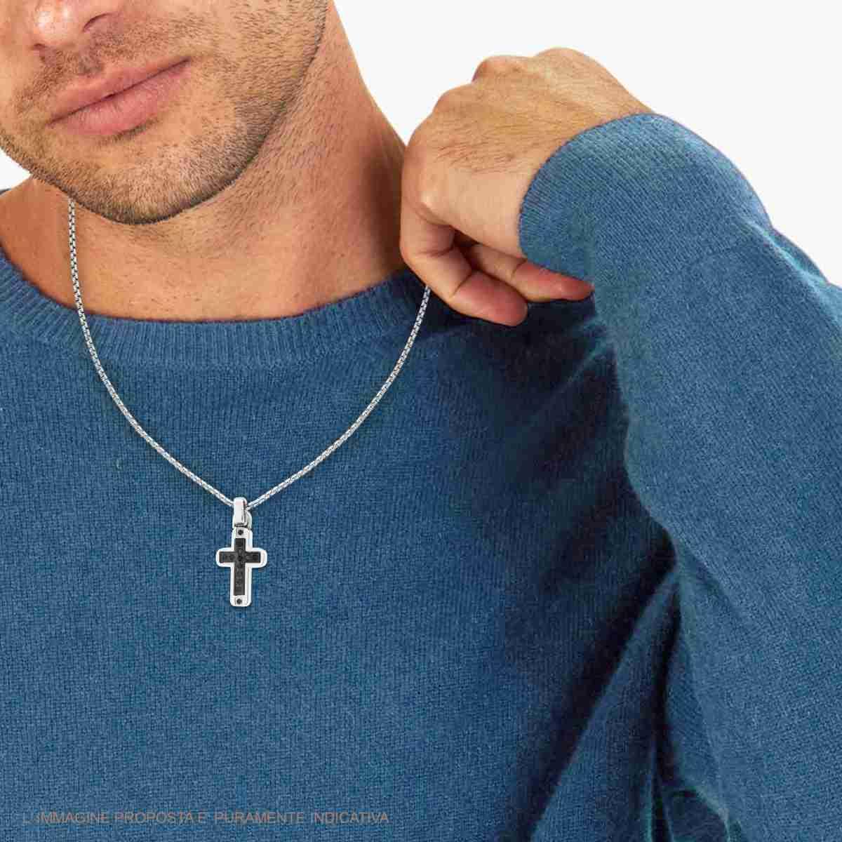 Collana Catena Veneziana Tonda con Croce e Crystal Neri in ACCIAIO