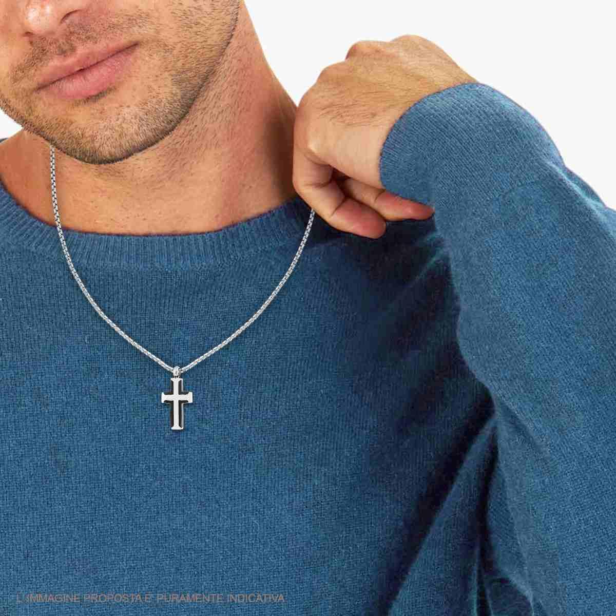 Collana Catena Veneziana Tonda con Croce Nera e ACCIAIO