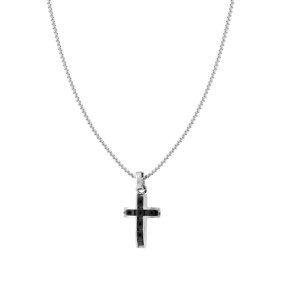 Collana Catena Veneziana Tonda con Croce e Crystal Neri in ACCIAIO