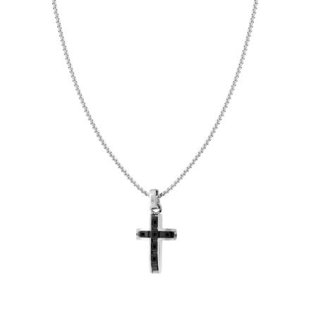 Collana Catena Veneziana Tonda con Croce e Crystal Neri in ACCIAIO