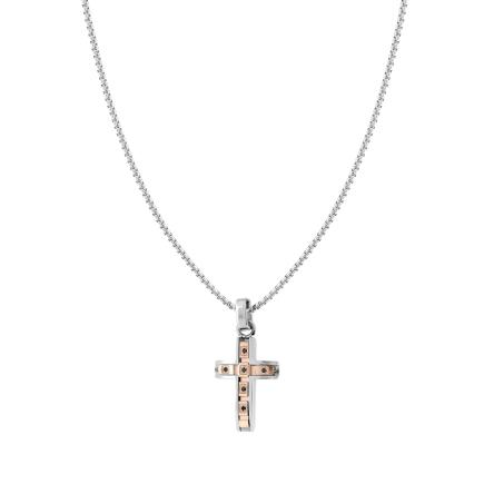 Collana Catena Veneziana Tonda con Croce Rosa e Crystal Neri in ACCIAIO
