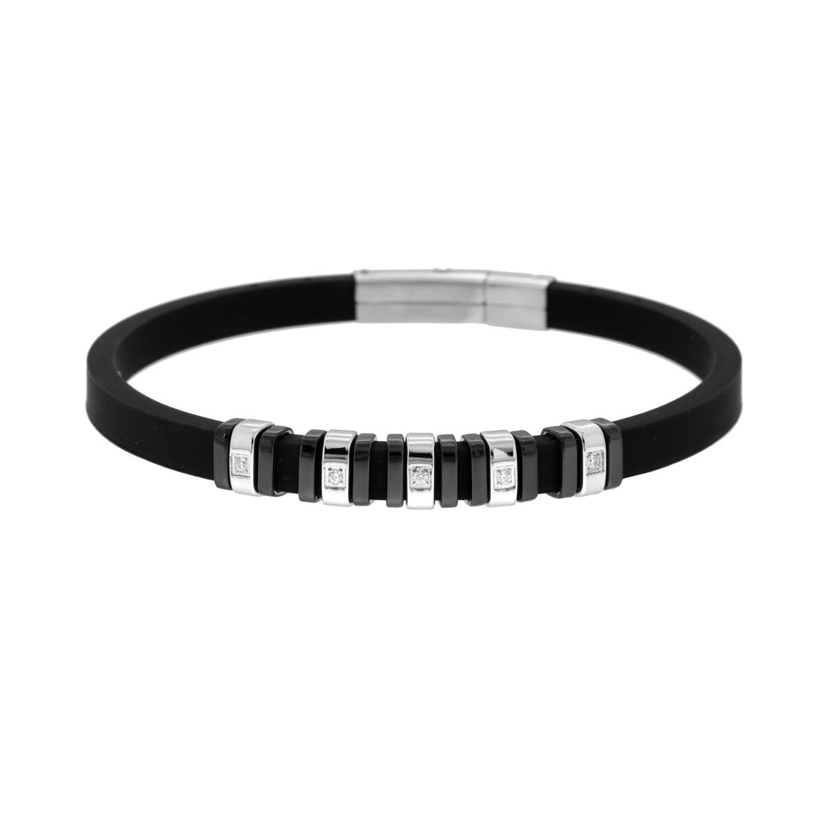 Bracciale in PVC Caucciu Nero con Accessori colore Nero e Crystal Bianchi in ACCIAIO
