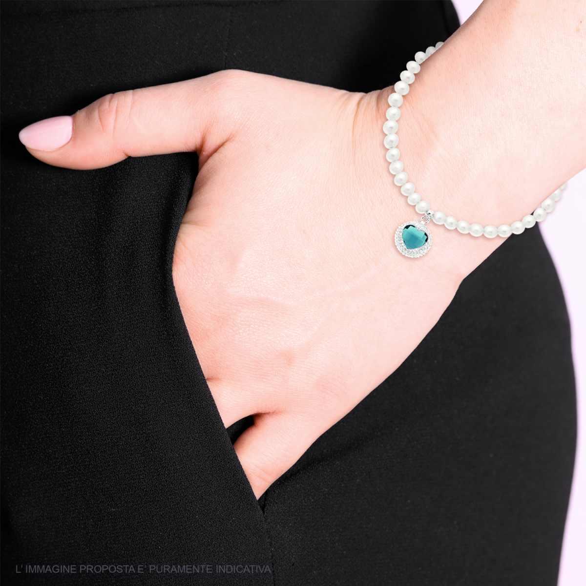 Bracciale Perle con Tondo Cuore Crystal Verde Smeraldo e Cubic Zirconia Bianchi in ACCIAIO