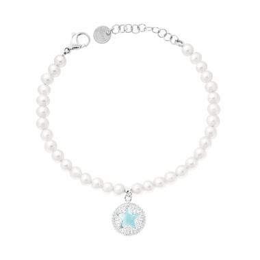 Bracciale Perle con Tondo Stella Crystal Acquamarina e Bianchi in ACCIAIO