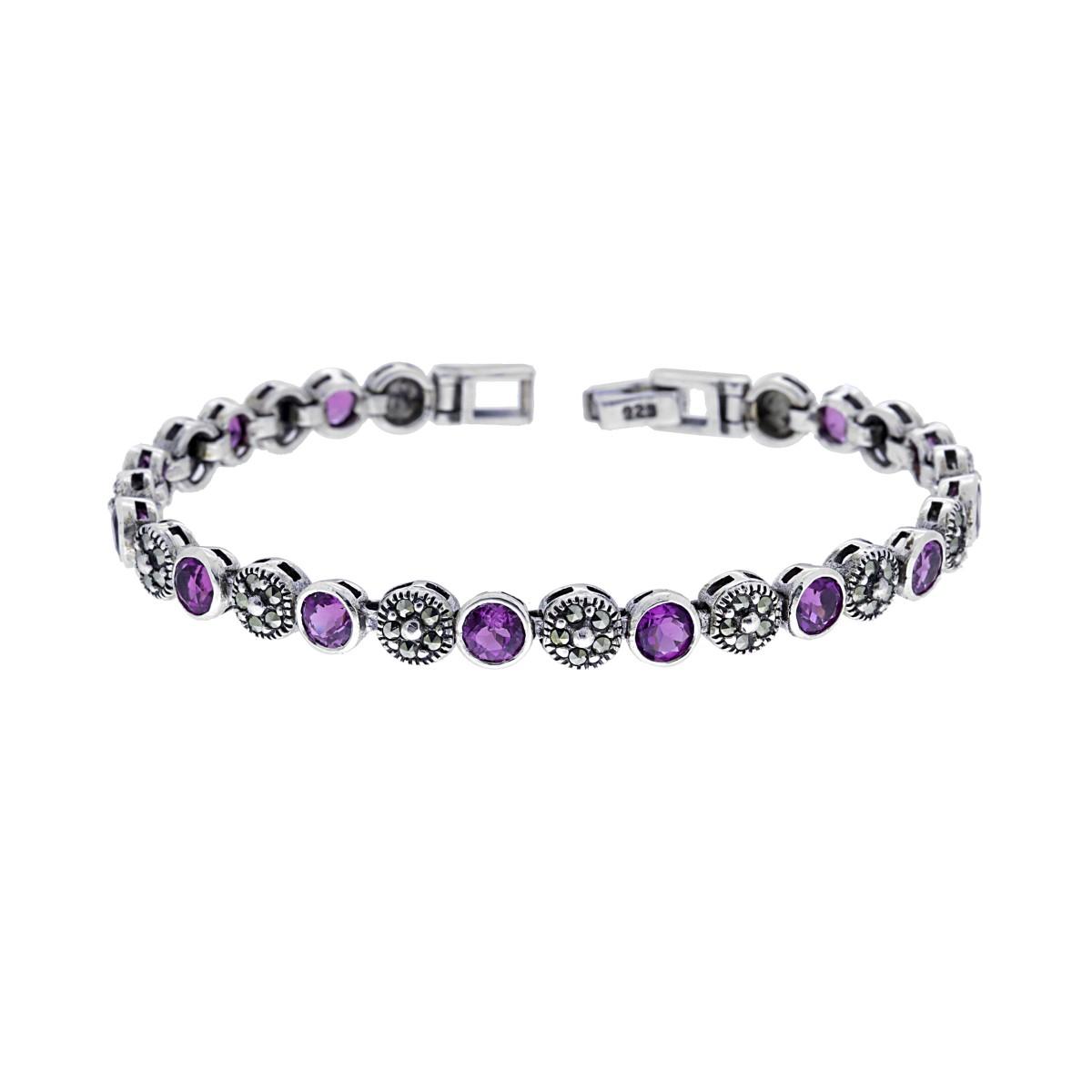 Bracciale Etnico Thailandese con Tondi con Pietre Ametista e Marcassite in ARGENTO 925