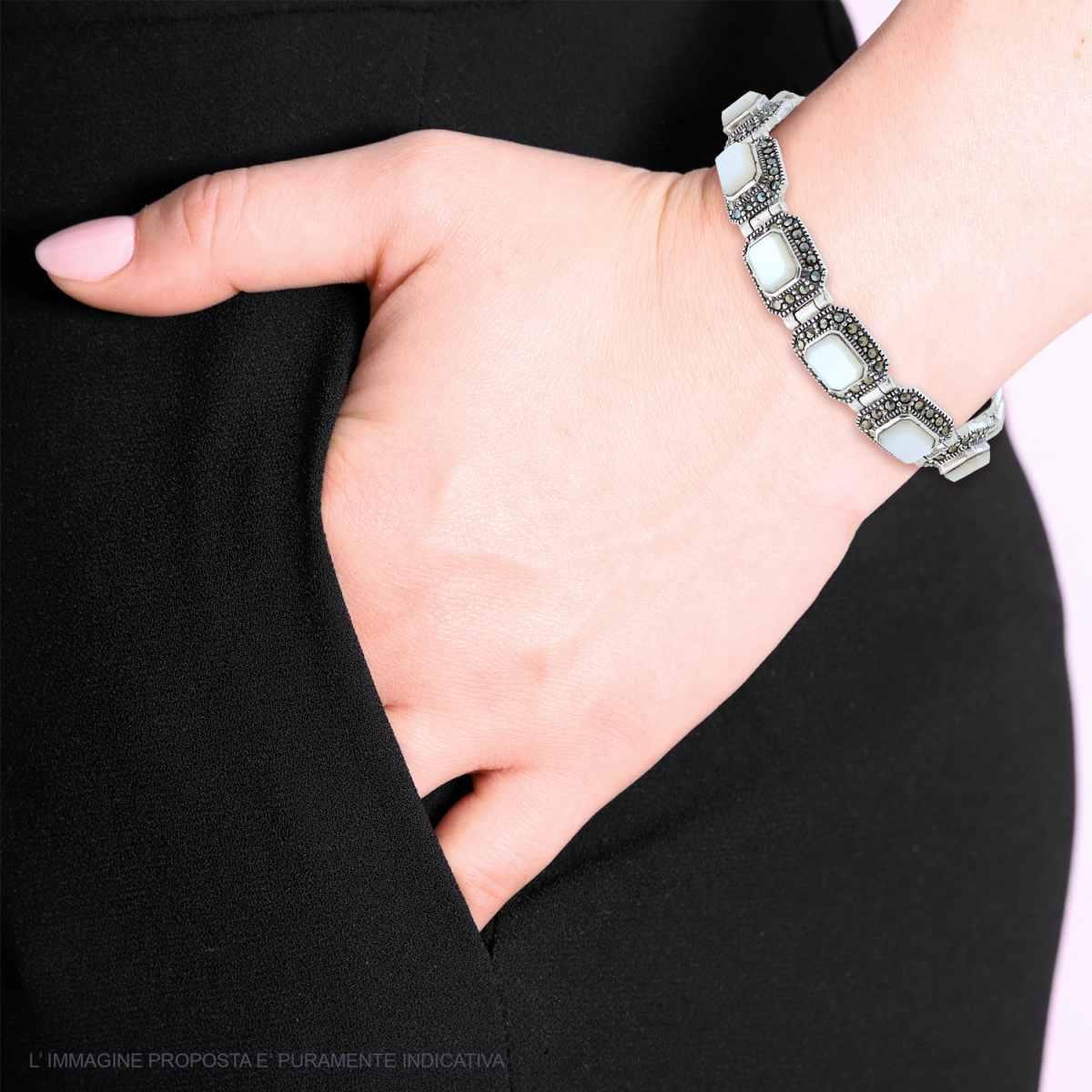 Bracciale Etnico Thailandese con Pietre Rettangolari Madreperla e Marcassite in ARGENTO 925