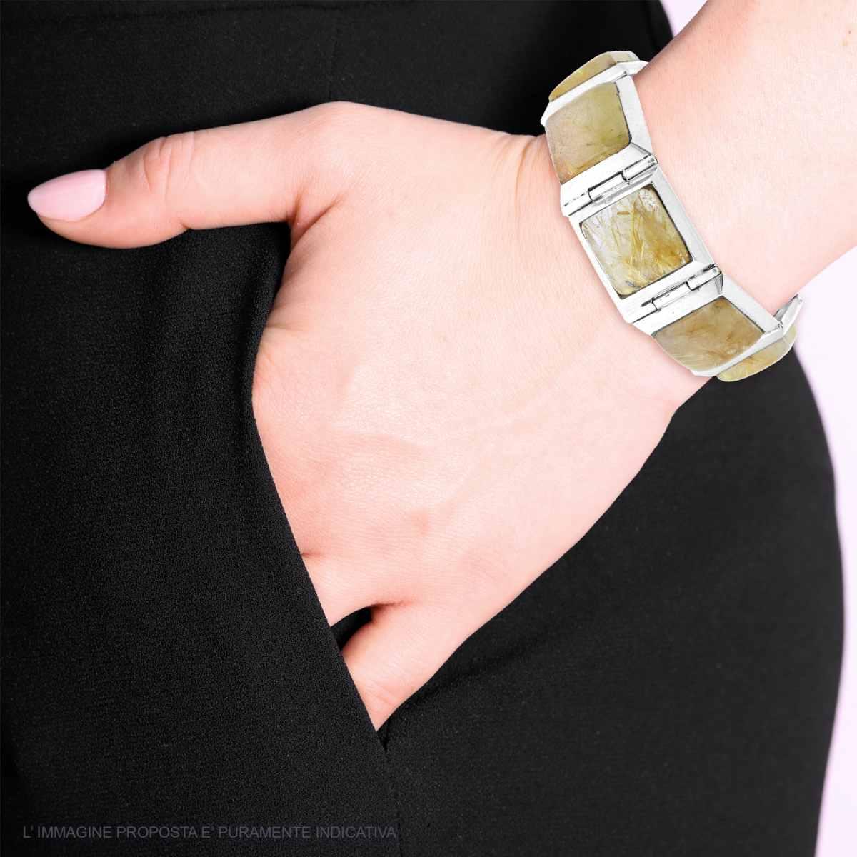 Bracciale Fascia Etnico Thailandese Maglia Quadrata con Pietre Quarzo Rutilato in ARGENTO 925