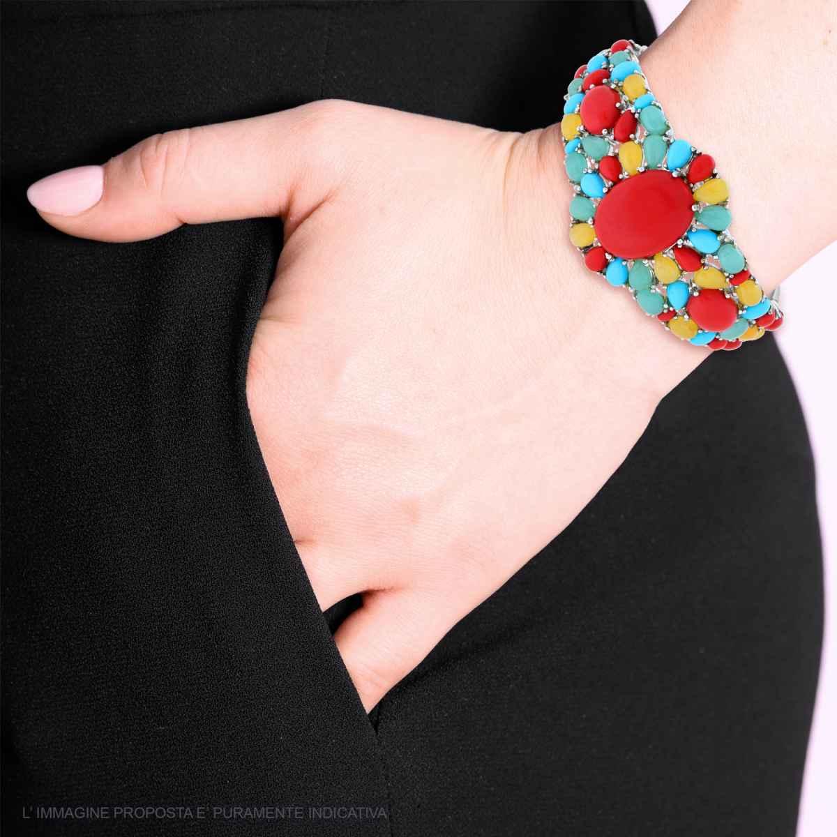 Bracciale Etnico Thailandese Rigido con Fiore con Pietre Multicolor in ARGENTO 925