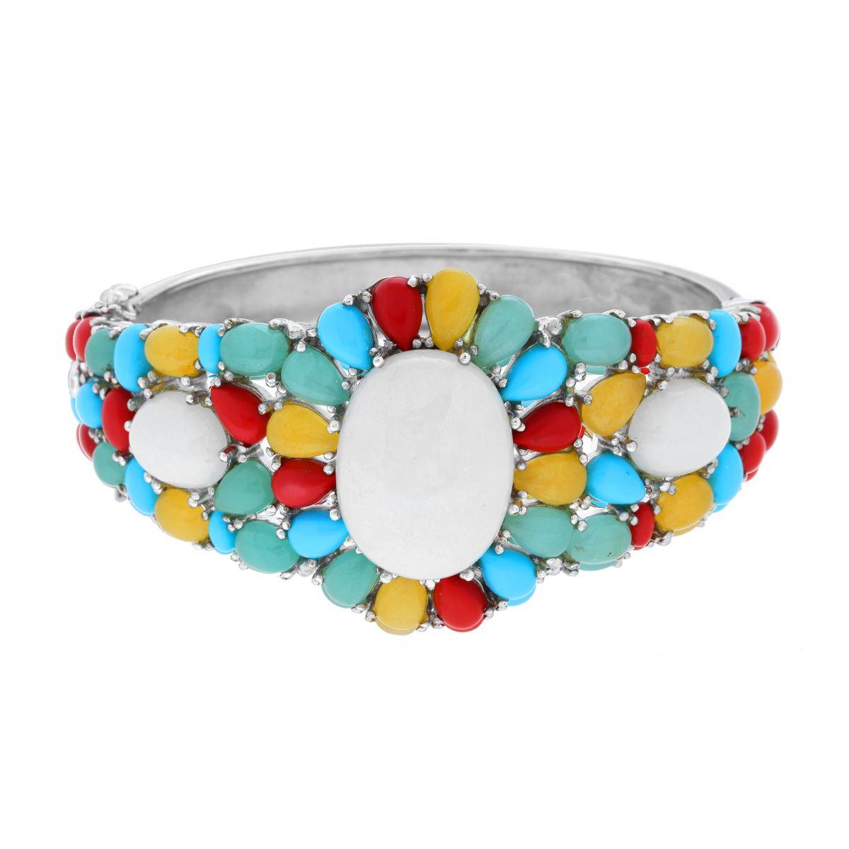 Bracciale Etnico Thailandese Rigido con Fiore con Pietre Multicolor in ARGENTO 925