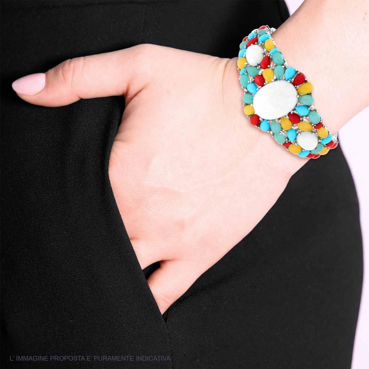 Bracciale Etnico Thailandese Rigido con Fiore con Pietre Multicolor in ARGENTO 925