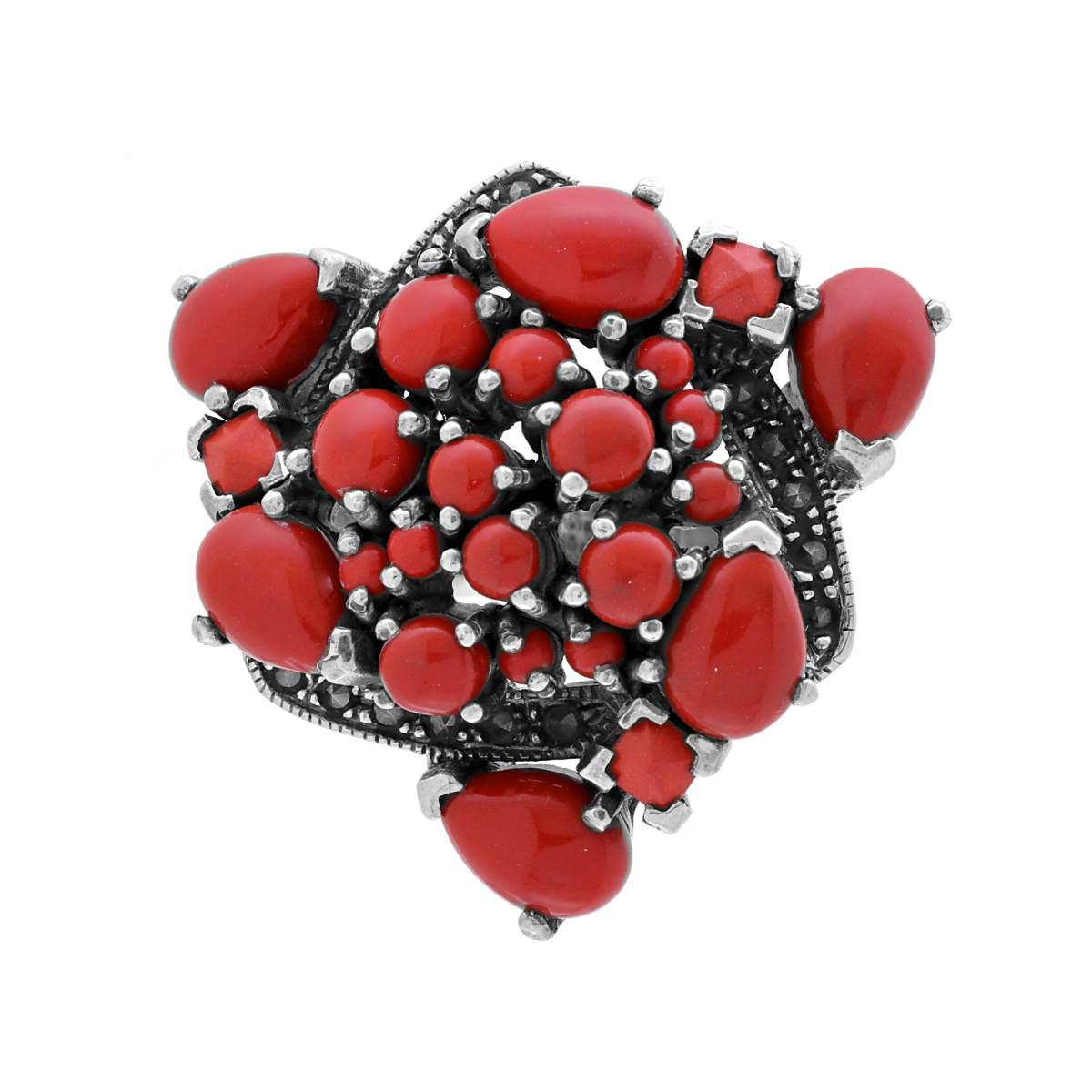 Anello Etnico Thailandese con Pietre Naturali Corallo in ARGENTO 925