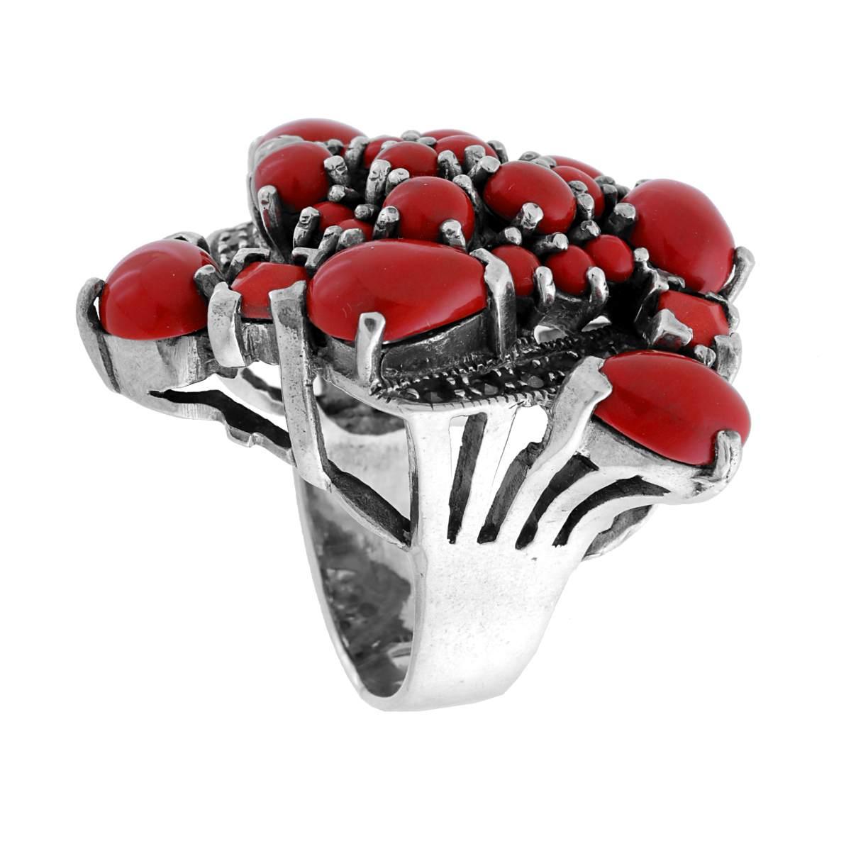 Anello Etnico Thailandese con Pietre Naturali Corallo in ARGENTO 925