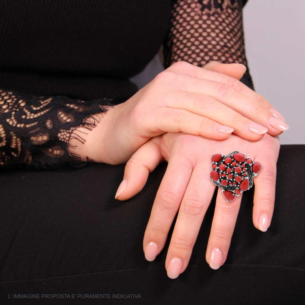 Anello Etnico Thailandese con Pietre Naturali Corallo in ARGENTO 925