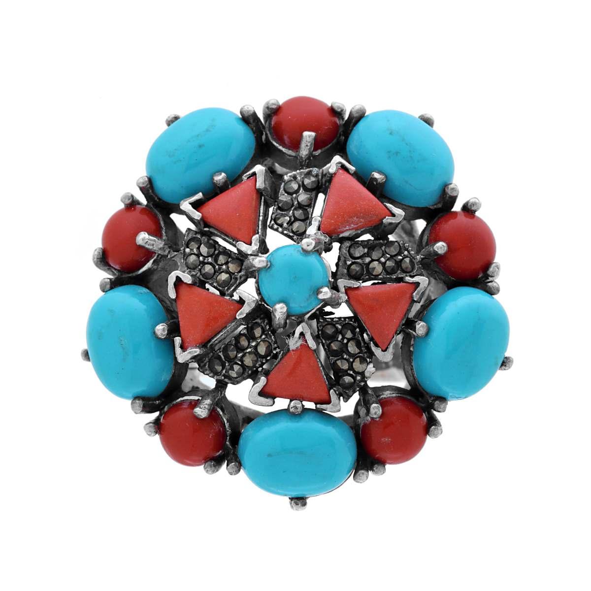 Anello Etnico Thailandese con Pietre Naturali Turchese e Corallo in ARGENTO 925