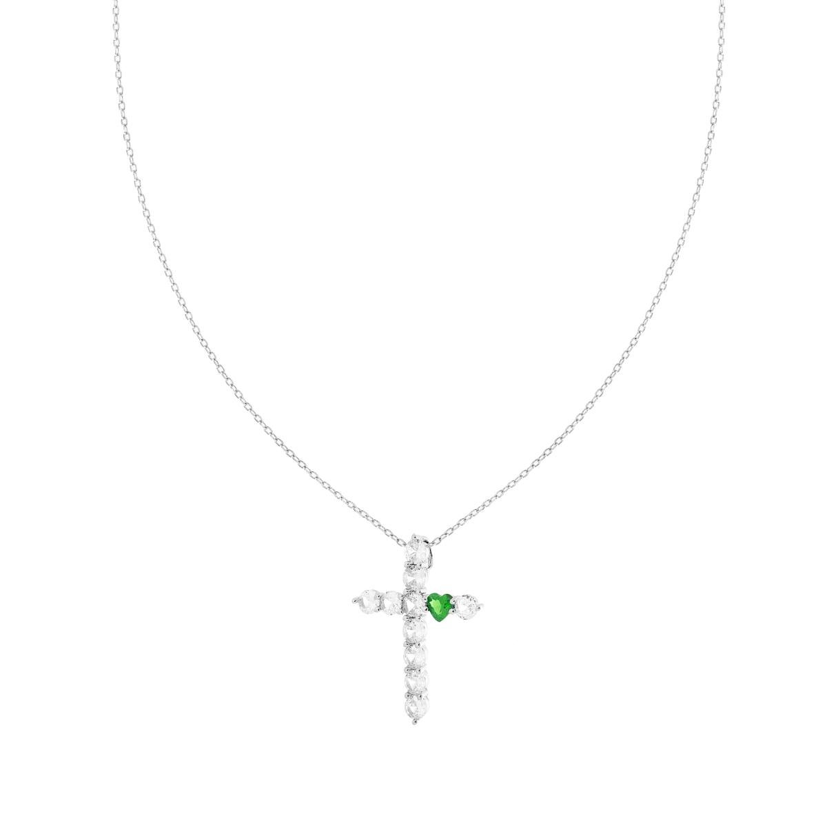 Collana catena Forzatina Diamantata con Croce Cubic Zirconia Bianchi e Cuore Verde Smeraldo in ARGENTO 925 Galvanica Rodio
