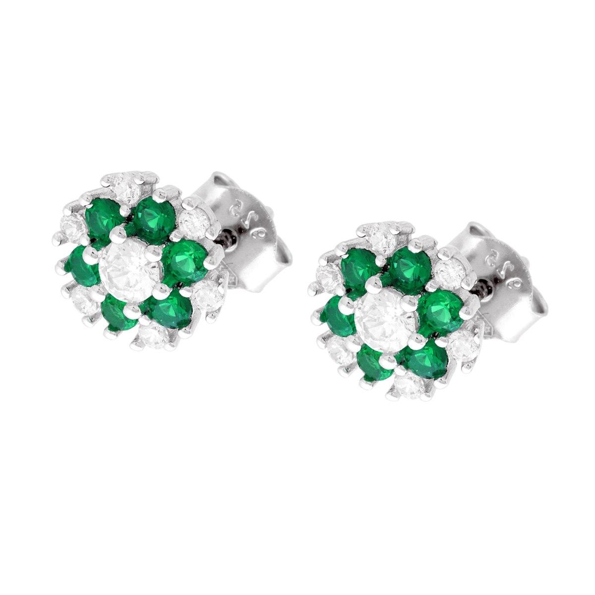 Orecchini Fiore con Cubic Zirconia Verde Smeraldo e Bianchi in ARGENTO 925 Galvanica Rodio
