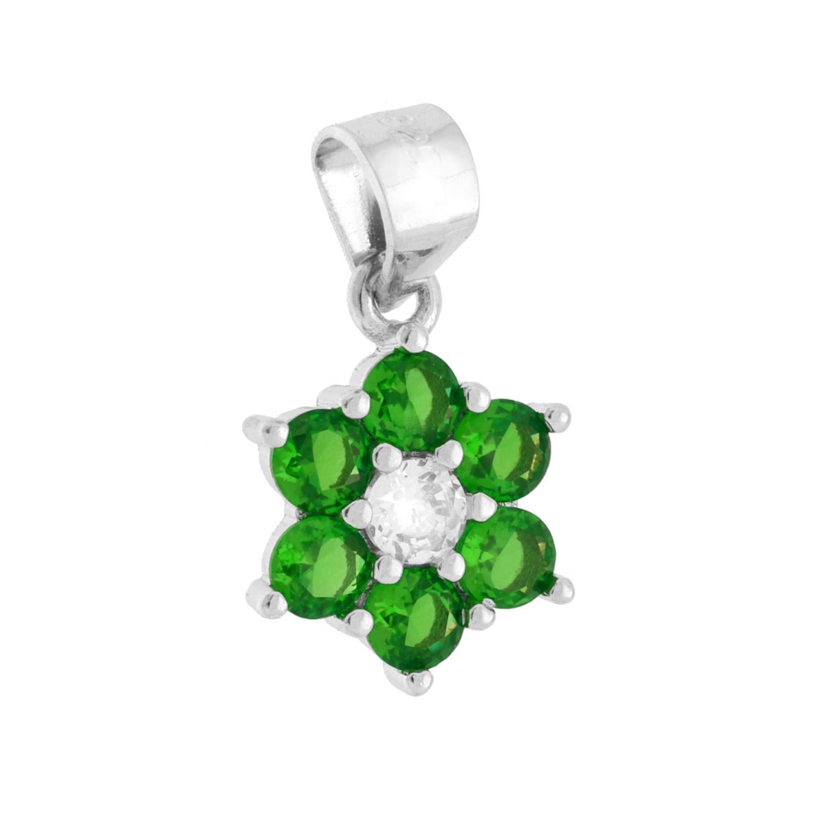 Ciondolo Fiore Punto Luce con Cubic Zirconia Verde Smeraldo e Bianco in ARGENTO 925 Galvanica Rodio
