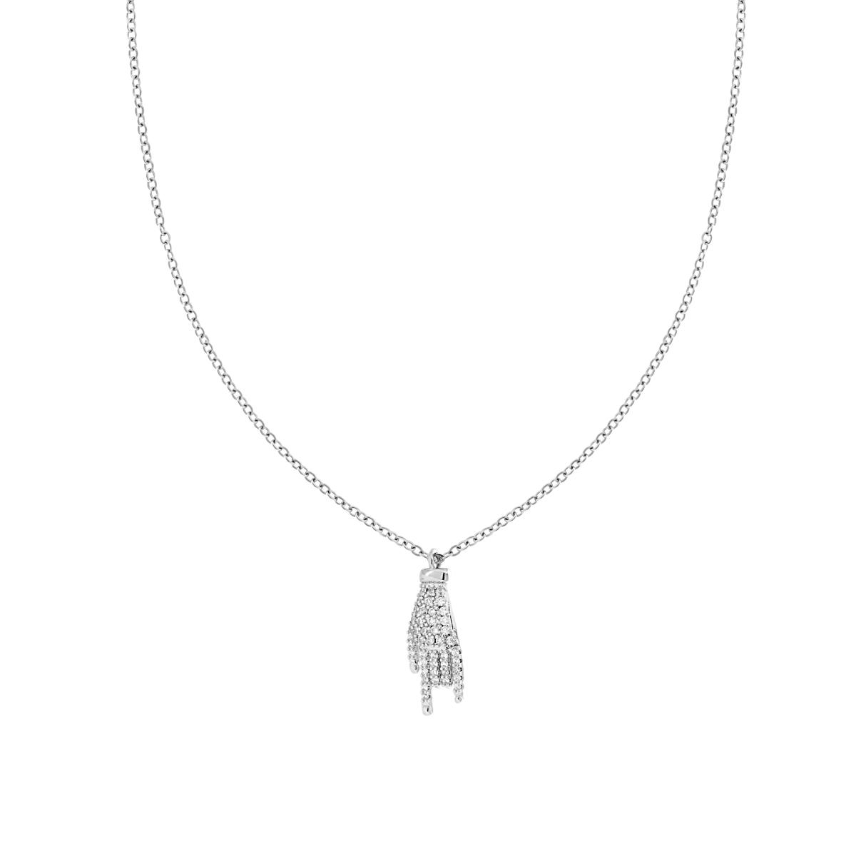 Collana Catena Forzatina Diamantata con Mano Corna Portafortuna e Crystal Bianchi in ACCIAIO e OTTONE