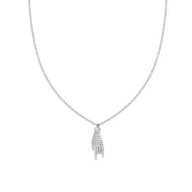 Collana Catena Forzatina Diamantata con Mano Corna Portafortuna e Crystal Bianchi in ACCIAIO e OTTONE