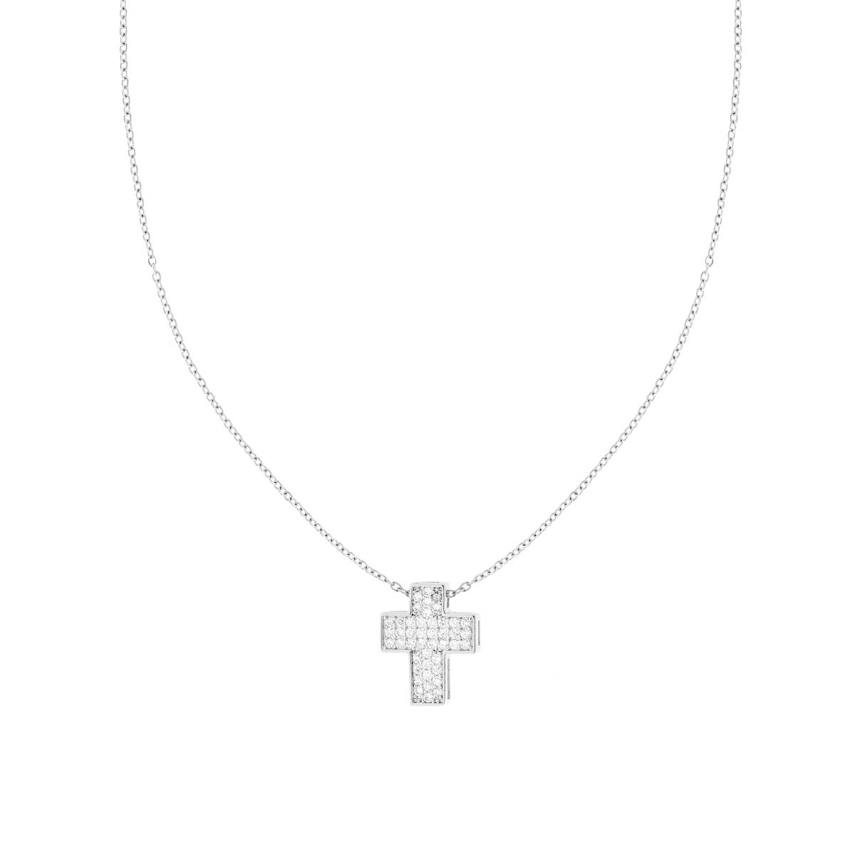 Collana Catena Forzatina Diamantata con Croce e Crystal Bianco in ACCIAIO e OTTONE