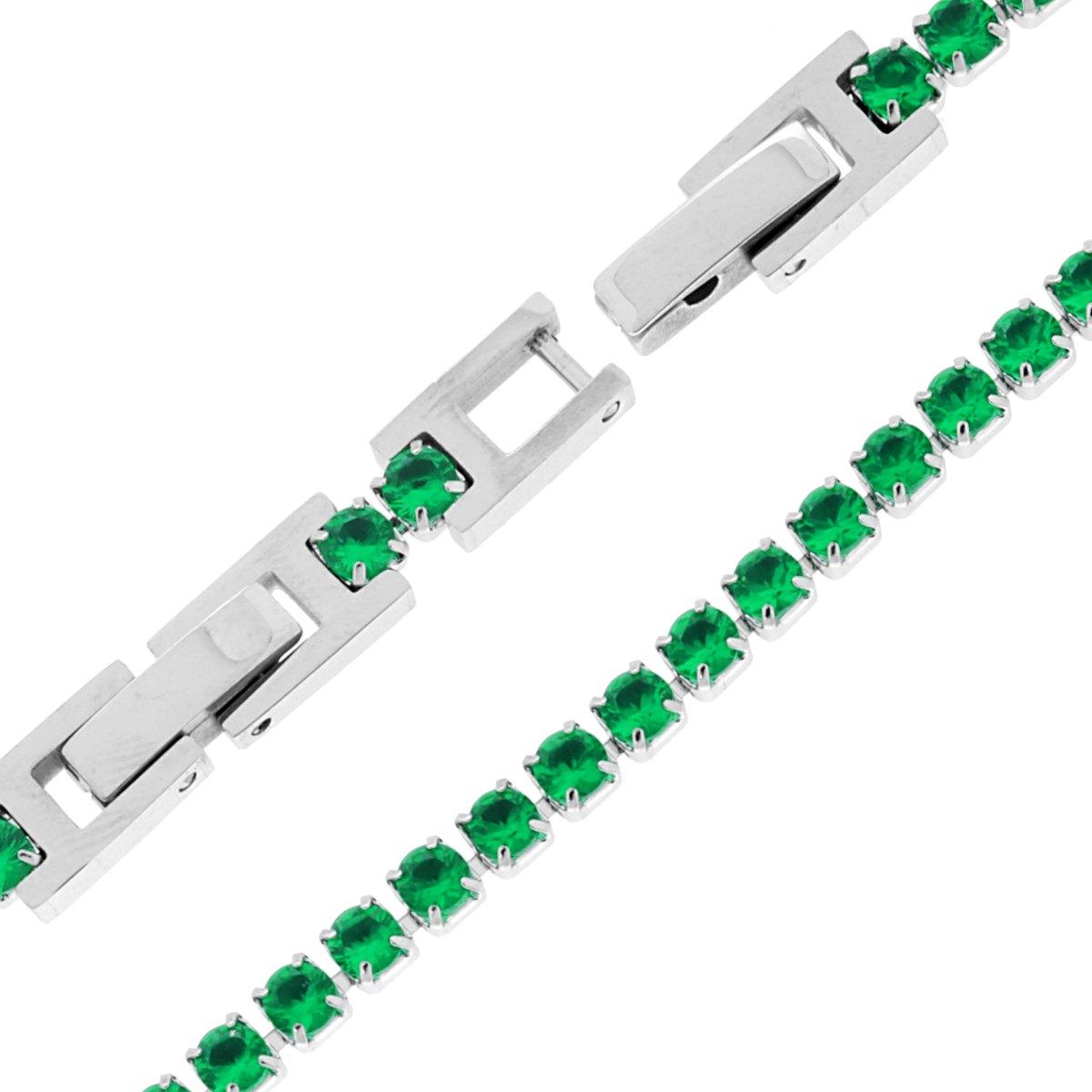 Bracciale Tennis Griffe cm 17-20 con Crystal mm 3 Verde Smeraldo regolabile in ACCIAIO
