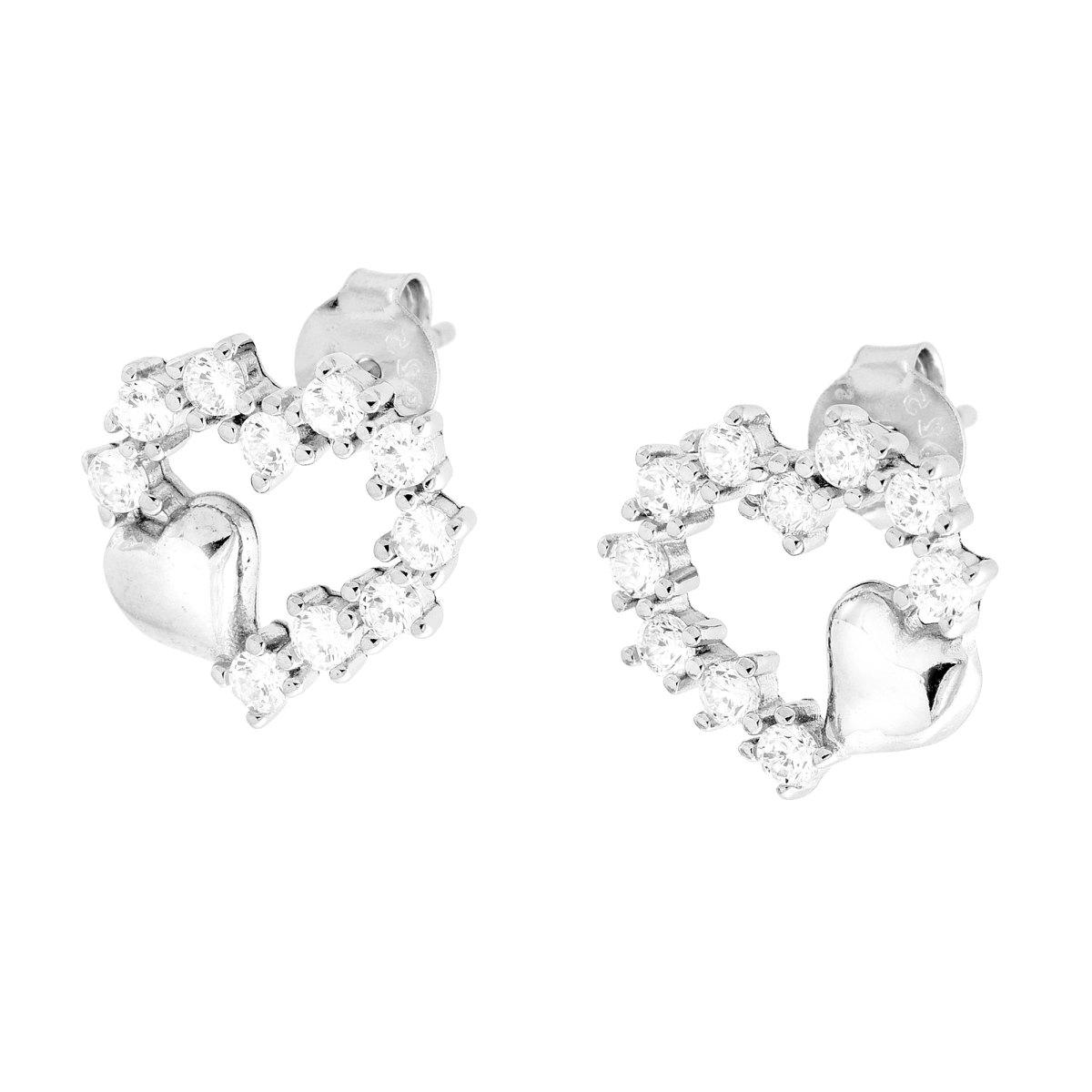 Orecchini Cuore con Cubic Zirconia Bianchi e Cuoricino Lucido in ARGENTO 925 Galvanica Rodio