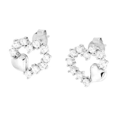 Orecchini Cuore con Cubic Zirconia Bianchi e Cuoricino Lucido in ARGENTO 925 Galvanica Rodio
