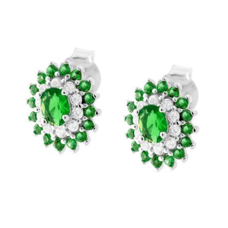 Orecchini Ovali con Cubic Zirconia Verde Smeraldo e Bianchi in ARGENTO 925 Galvanica Rodio