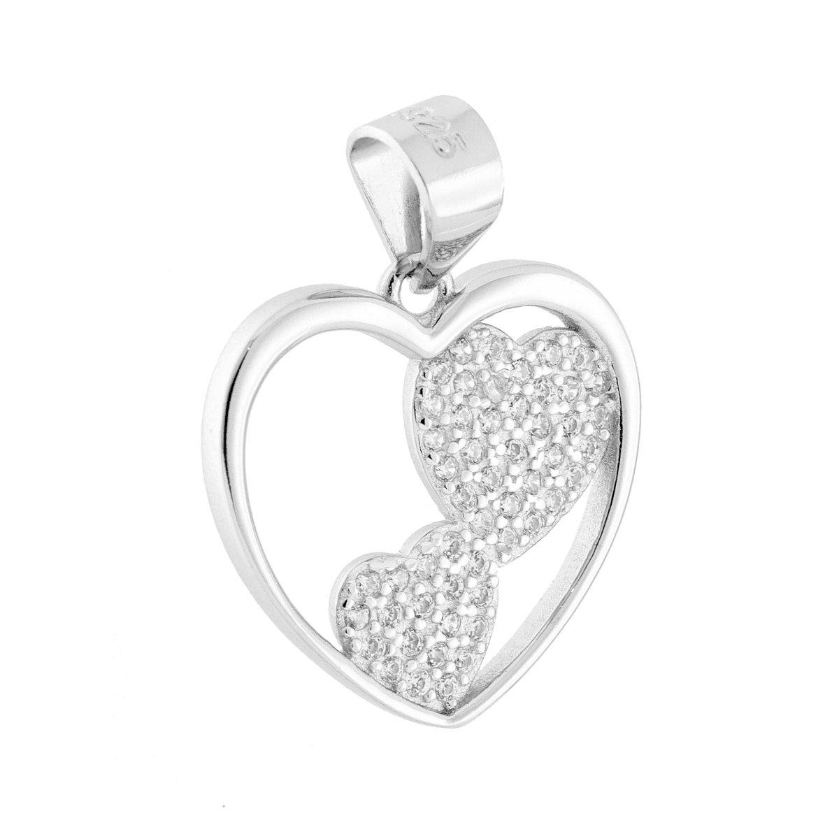 Ciondolo Cuore e Cuoricini Cubic Zirconia Bianchi in ARGENTO 925 Galvanica Rodio