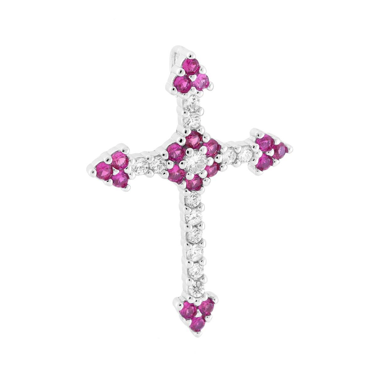 Ciondolo Croce Romana con Cubic Zirconia Rosso Rubino e Bianchi in ARGENTO 925 Galvanica Rodio