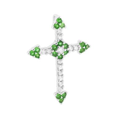 Ciondolo Croce Romana con Cubic Zirconia Verde Smeraldo e Bianchi in ARGENTO 925 Galvanica Rodio