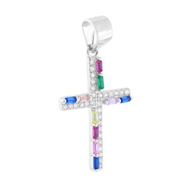 Ciondolo Croce con Cubic Zirconia Multicolor in ARGENTO 925 Galvanica Rodio