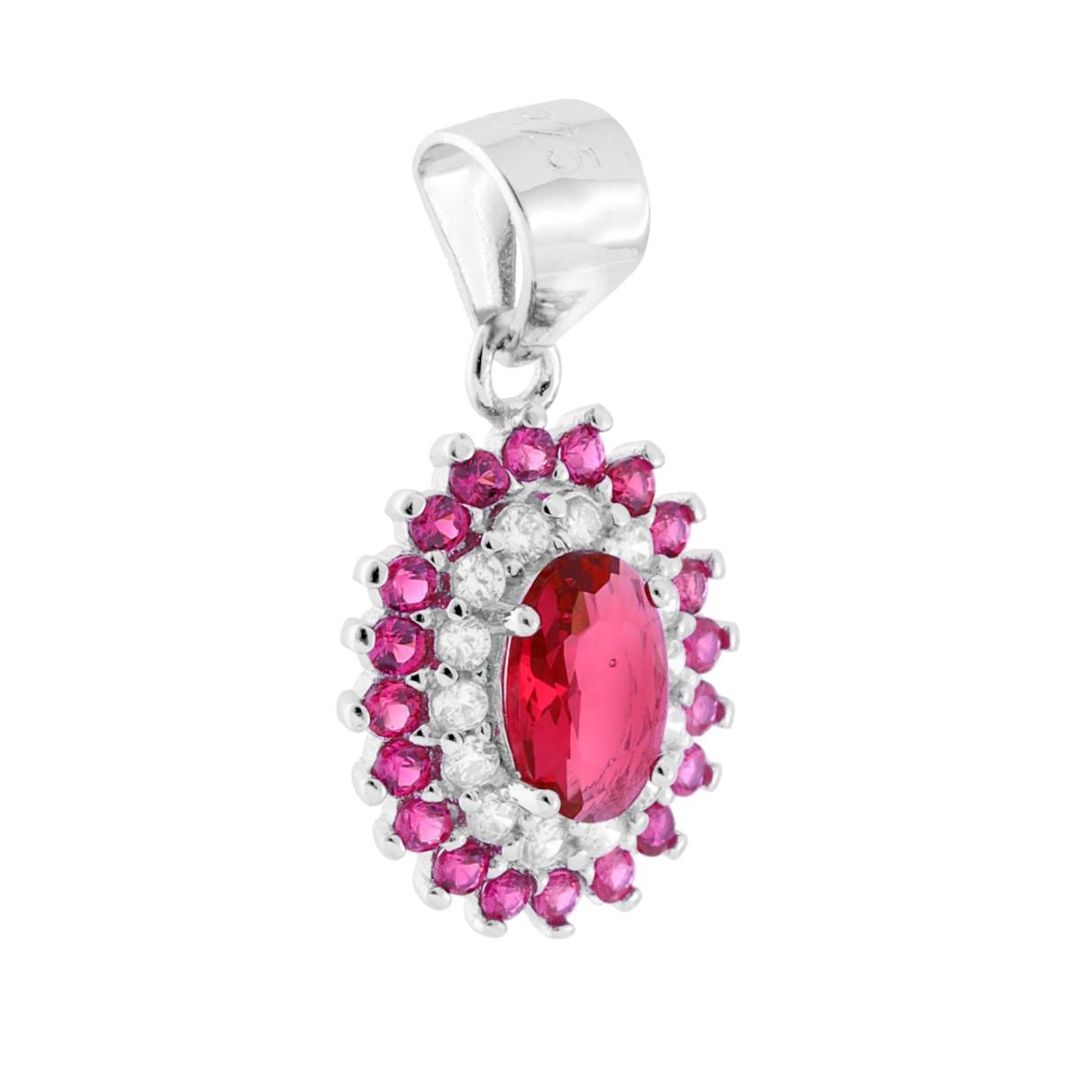 Ciondolo Ovale con Cubic Zirconia Rosso Rubino e Bianchi in ARGENTO 925 Galvanica Rodio
