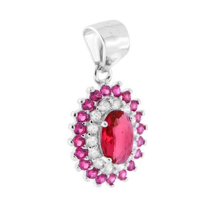 Ciondolo Ovale con Cubic Zirconia Rosso Rubino e Bianchi in ARGENTO 925 Galvanica Rodio