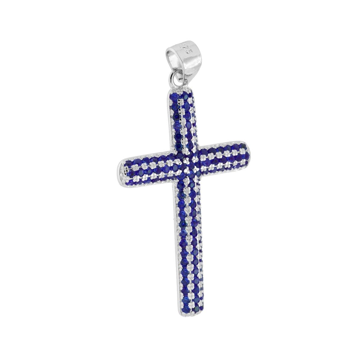 Ciondolo Croce con Cubic Zirconia Blu Zaffiro in ARGENTO 925 Galvanica Rodio