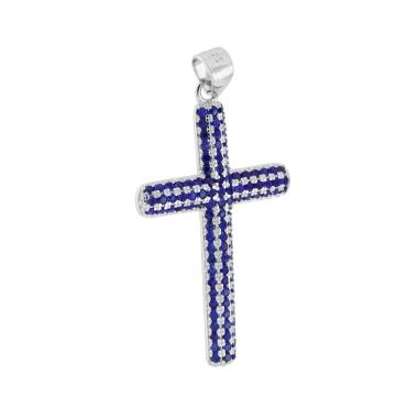 Ciondolo Croce con Cubic Zirconia Blu Zaffiro in ARGENTO 925 Galvanica Rodio