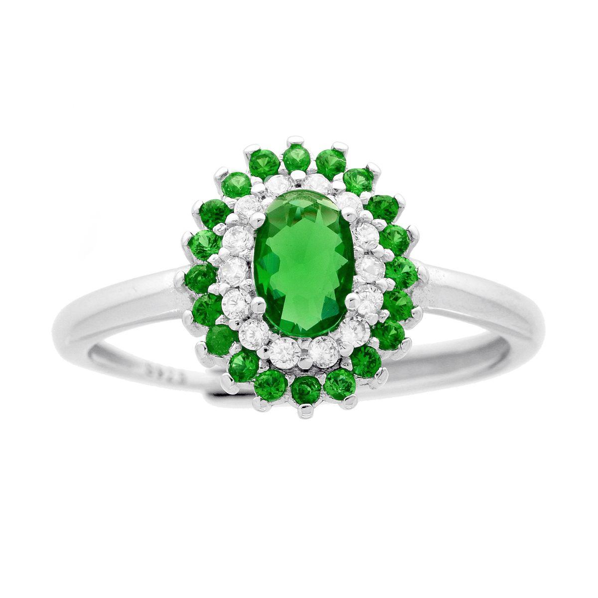 Anello Solitario Ovale con Cubic Zirconia Verde Smeraldo e Bianchi in ARGENTO 925 Galvanica Rodio
