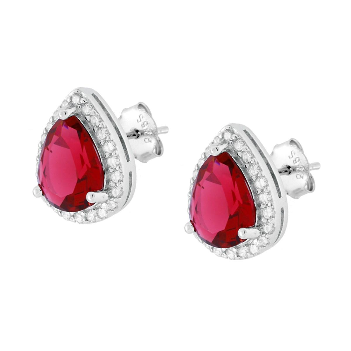 Parure Set Orecchini e Ciondolo Goccia Cubic Zirconia Rosso Rubino contornato da Cubic Zirconia Bianchi in ARGENTO 925 Galvanica Rodio